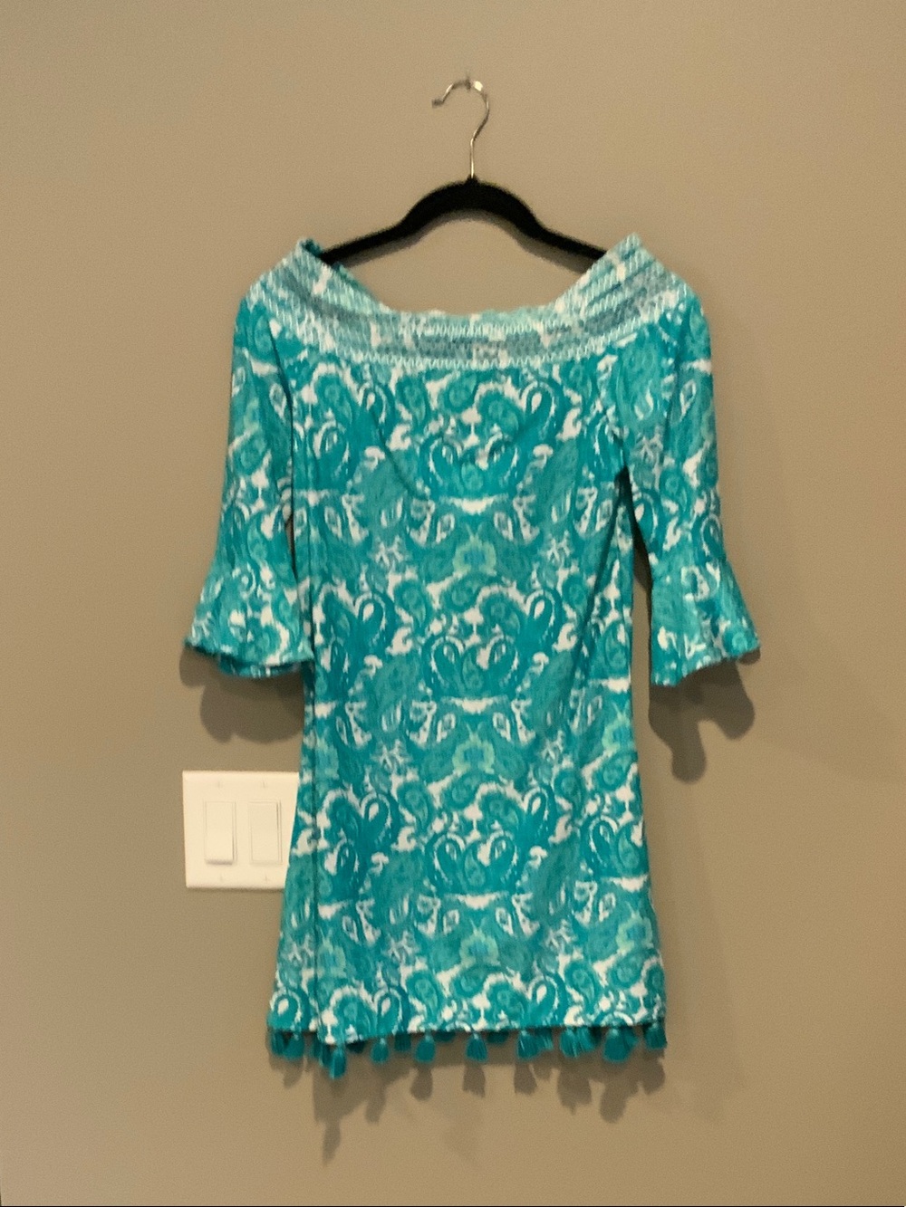 Cabana Life Turquoise Patterned Off-Shoulder Tunic with Pom Trim